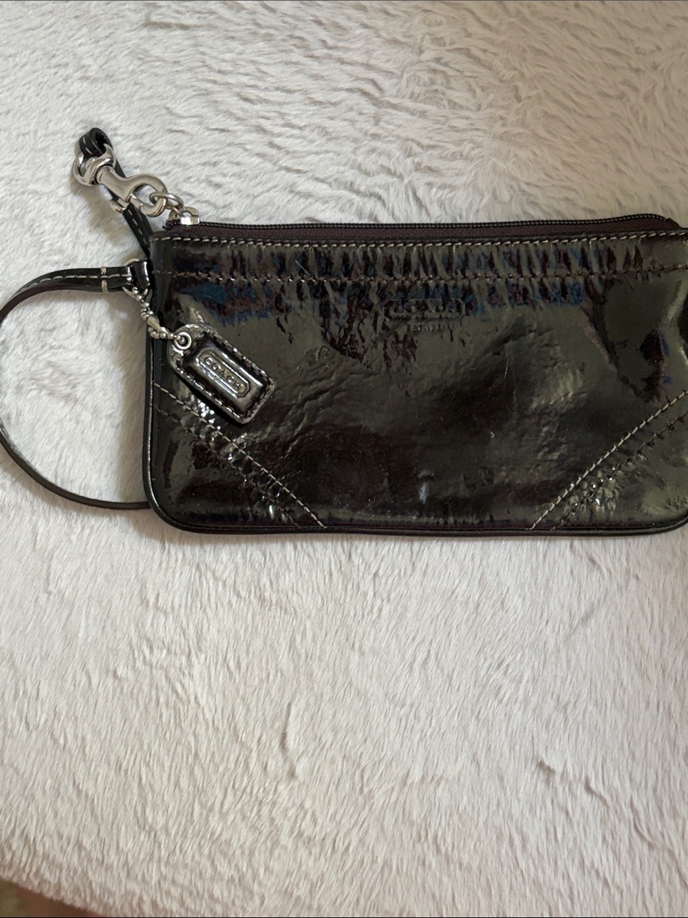 Coach Dark Brown Patent Leather Mini Wristlet with Silver Hardware